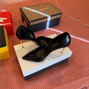Kurt Geiger Glossy Black Heels with Gold Accents